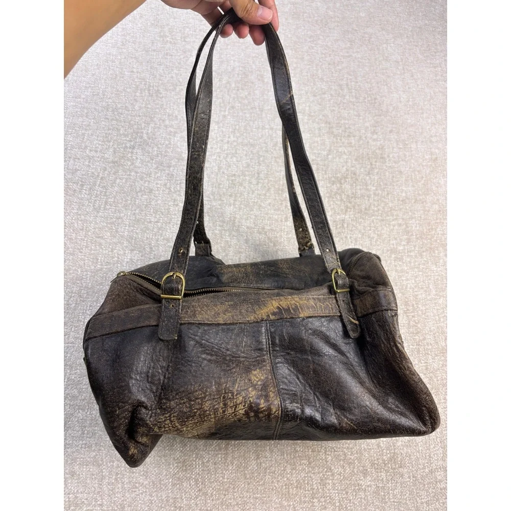 Vintage Meyers USA Distressed Brown Leather Barrel Shoulder Bag Satchel Brass